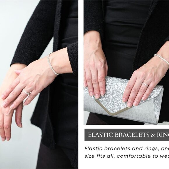 Silver Evening Clutch Purse & Rhinestone Jewelry Set for Women Weddings Proms